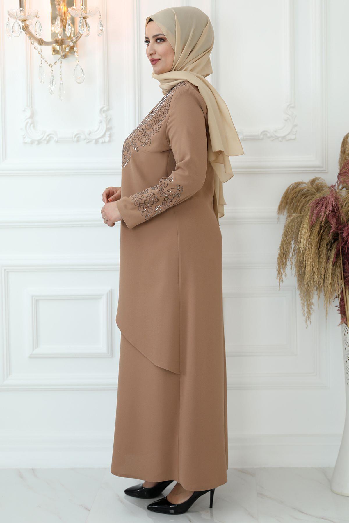 Stone Print Detail Evening Dress Beige AMH792AMH792-VİZONAmine Hüma