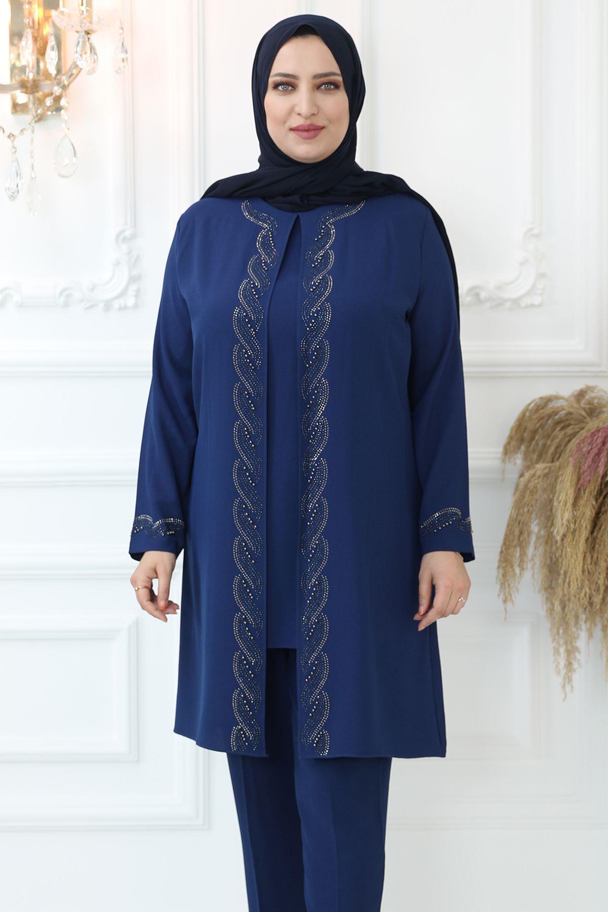 Belted Frilly Evening Dress Indigo AMH810AMH810-İNDİGOAmine Hüma