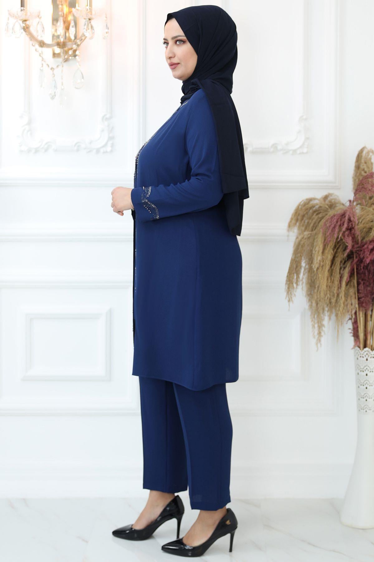 Belted Frilly Evening Dress Indigo AMH810AMH810-İNDİGOAmine Hüma