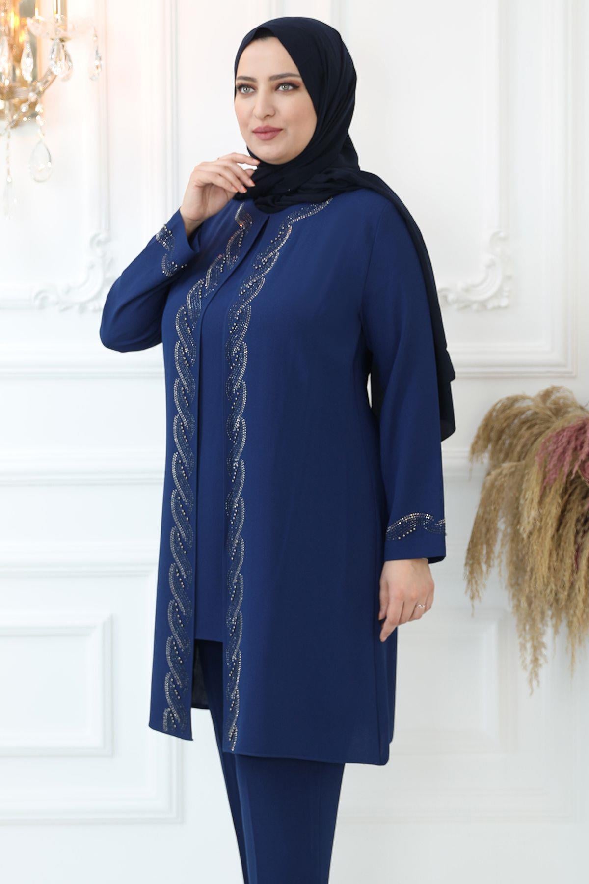 Belted Frilly Evening Dress Indigo AMH810AMH810-İNDİGOAmine Hüma
