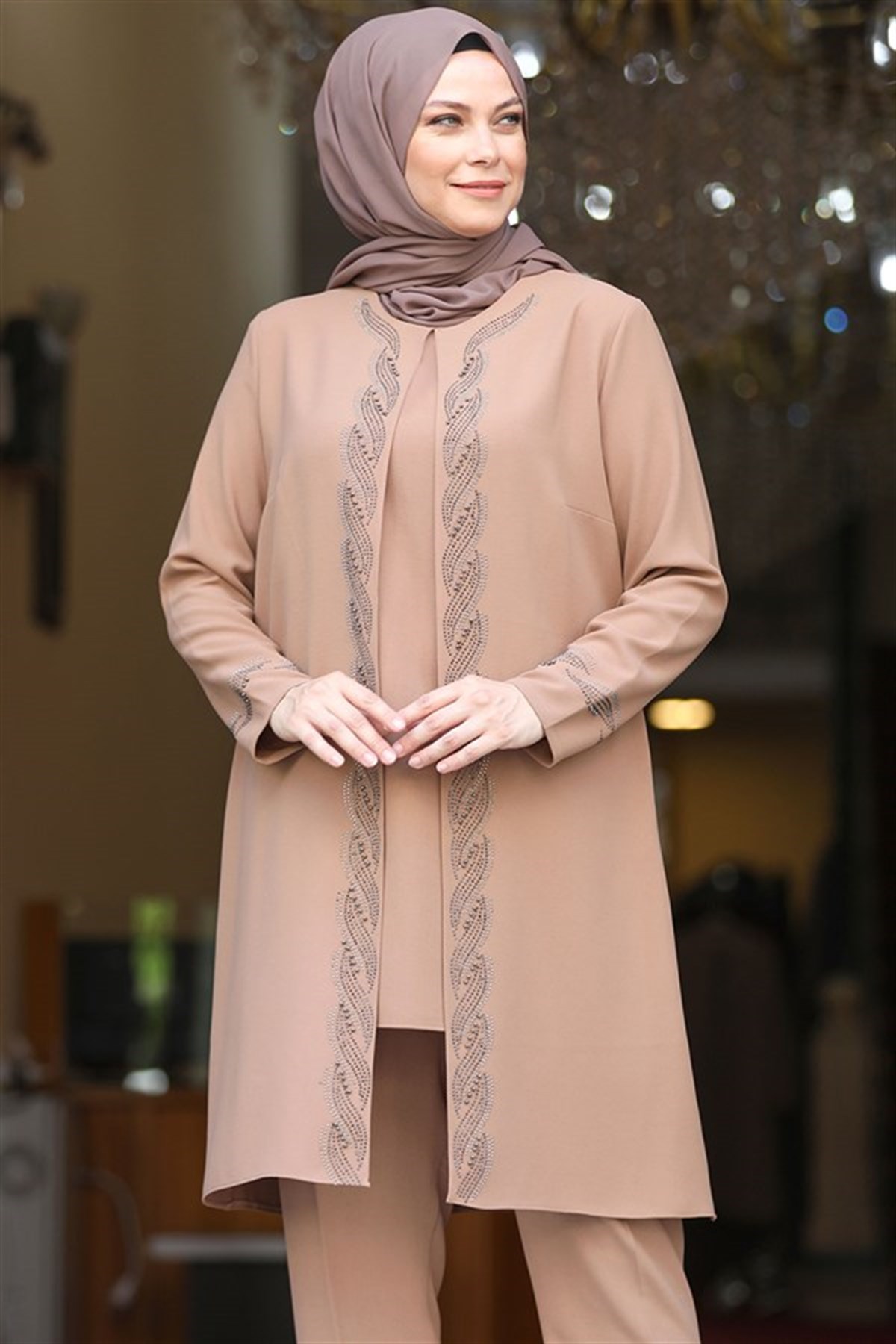Stone Embroidered Double Suit Beıge AMH810AMH810-VİZONAmine Hüma