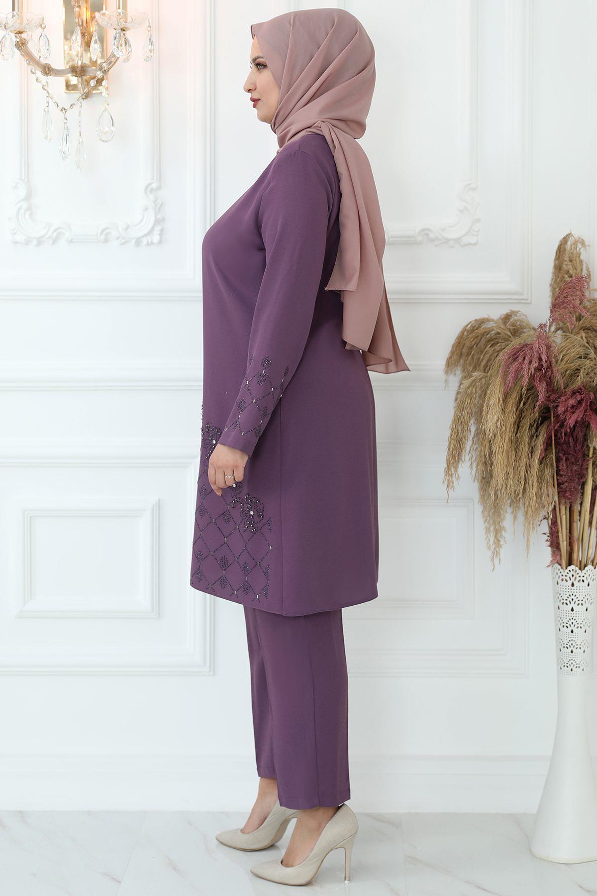 Stone Embroidered Double Suit Violet AMH812AMH812-VİOLETAmine Hüma
