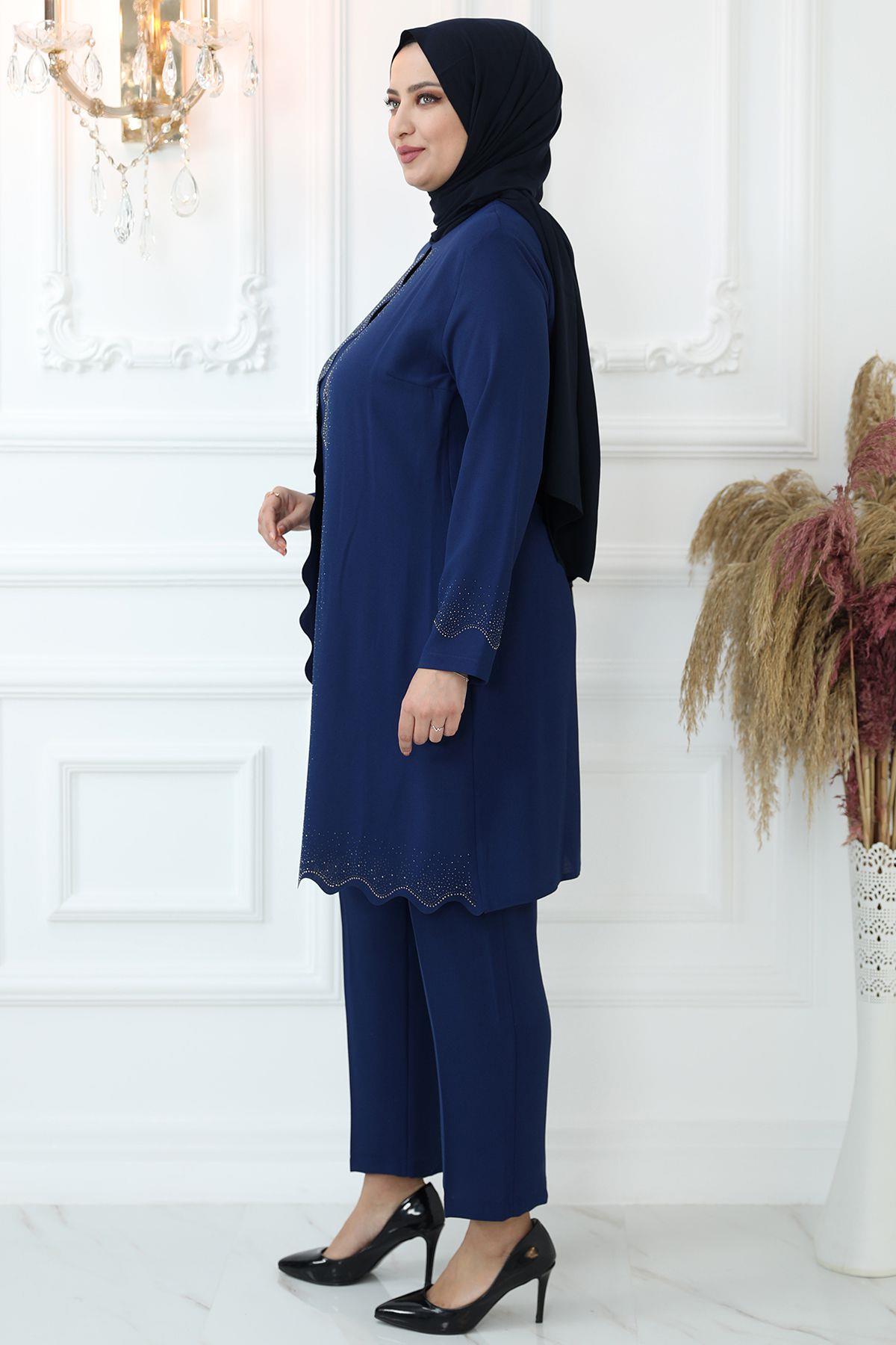 Costume Tunique Pantalon à Imprimé Pierre Indigo AMH814AMH814-İNDİGOAmine Hüma