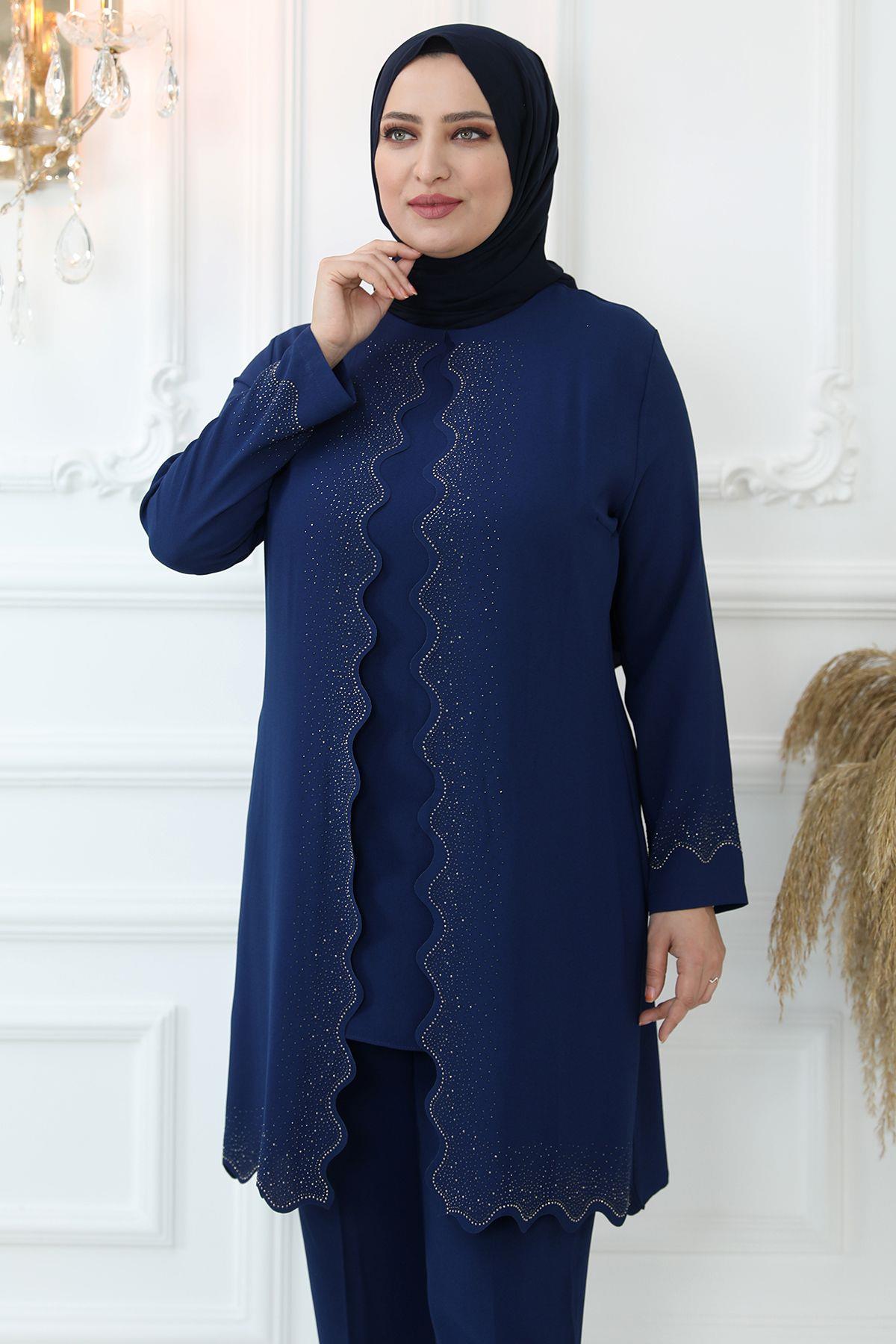 Costume Tunique Pantalon à Imprimé Pierre Indigo AMH814AMH814-İNDİGOAmine Hüma