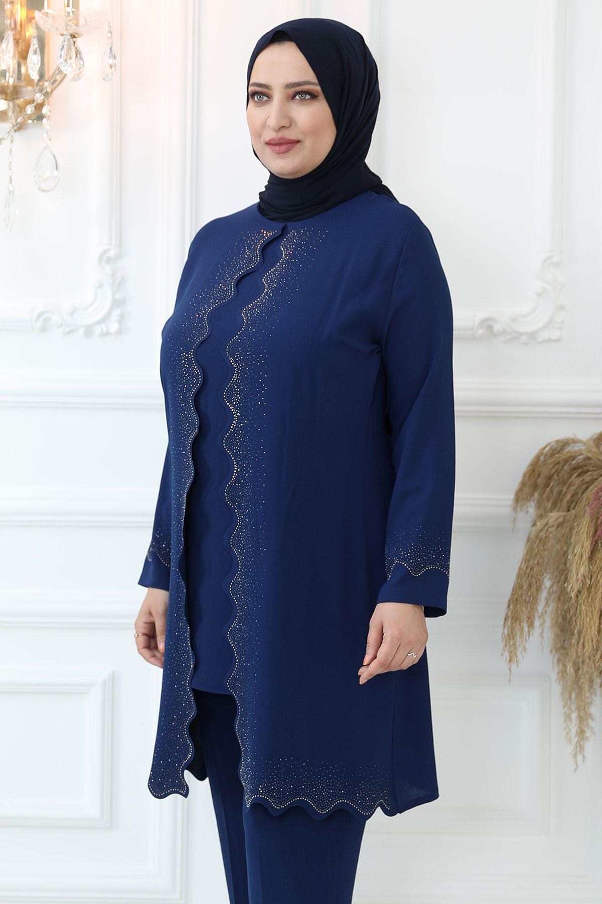 Costume Tunique Pantalon à Imprimé Pierre Indigo AMH814AMH814-İNDİGOAmine Hüma