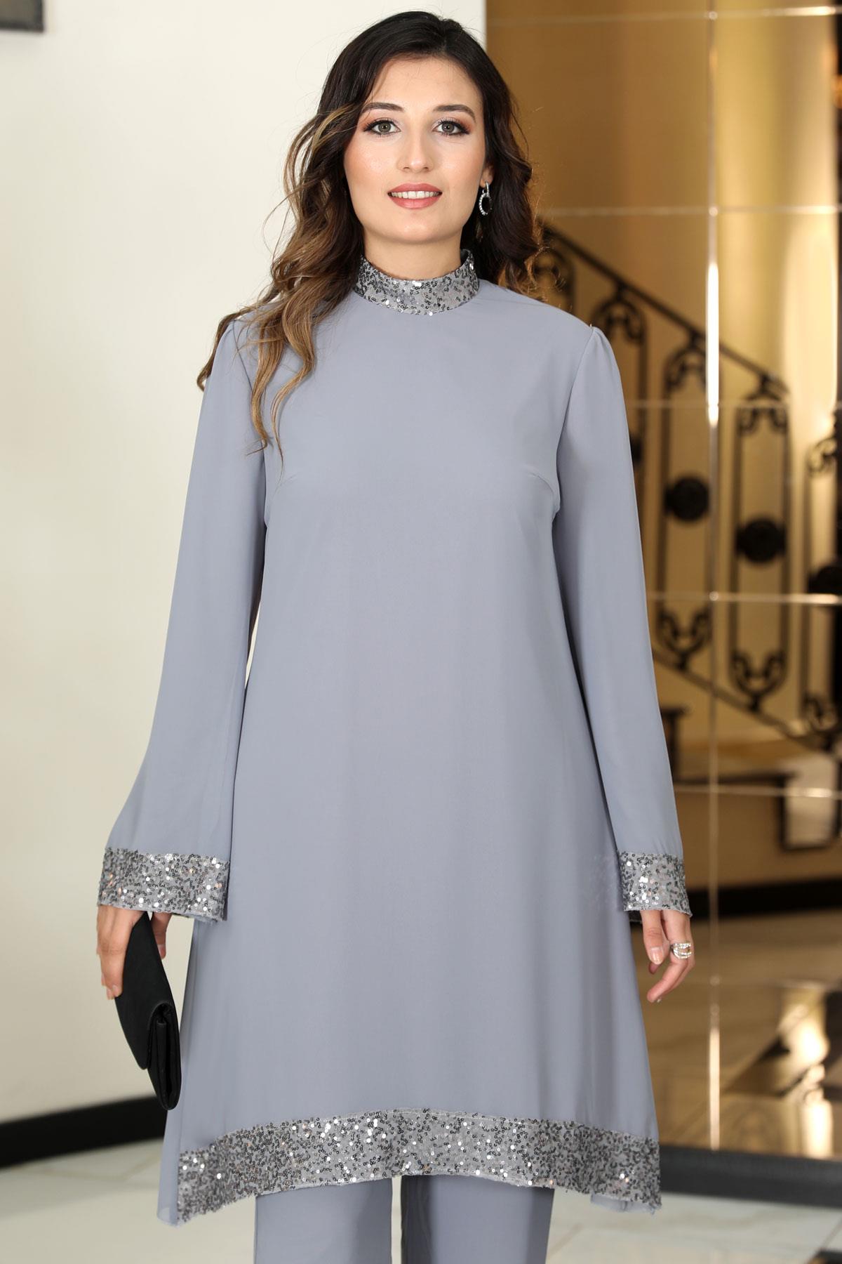 UMAY ŞİFON TUNİK PANTOLON TAKIMELB68-GRİElben