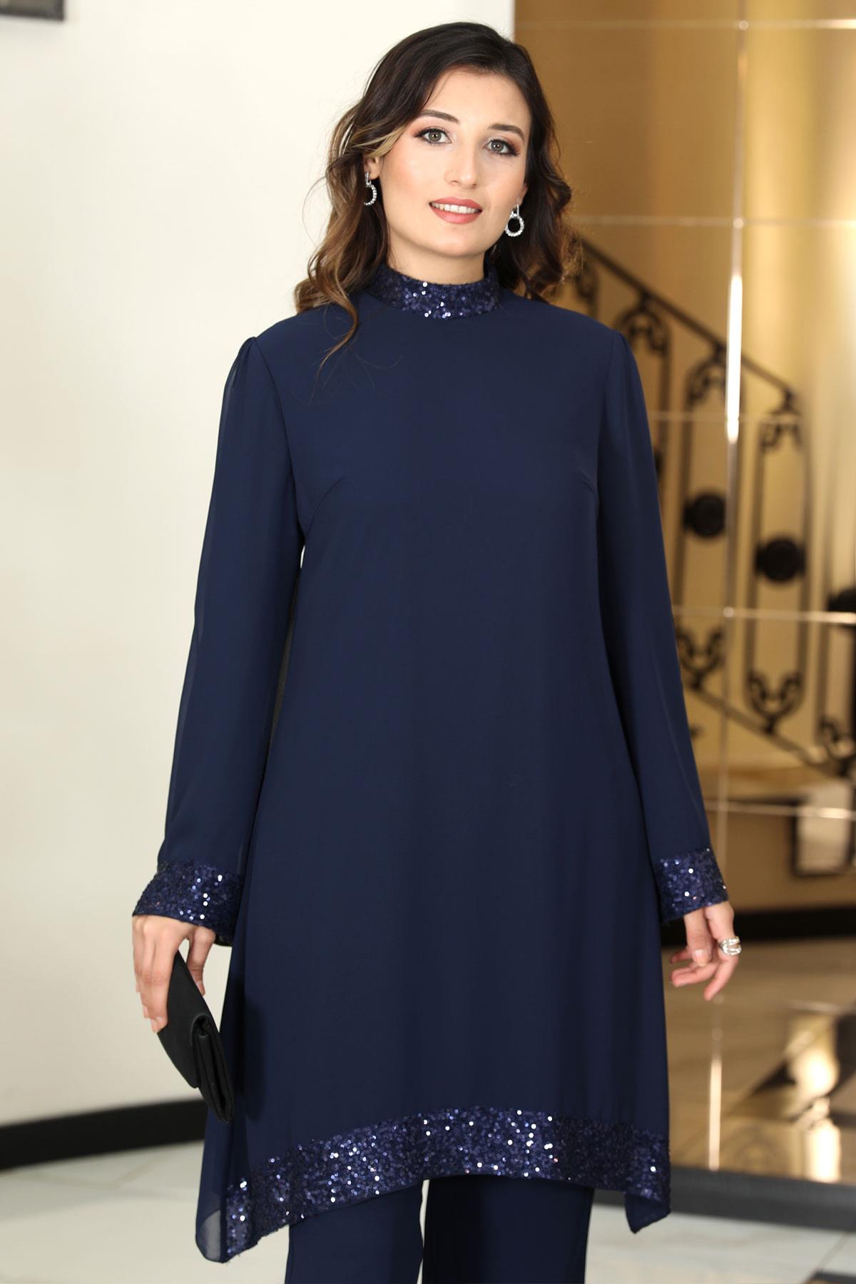 Umay Şifon Tunik Pantolon Takım Gri ELB68ELB68-LACİVERTElben