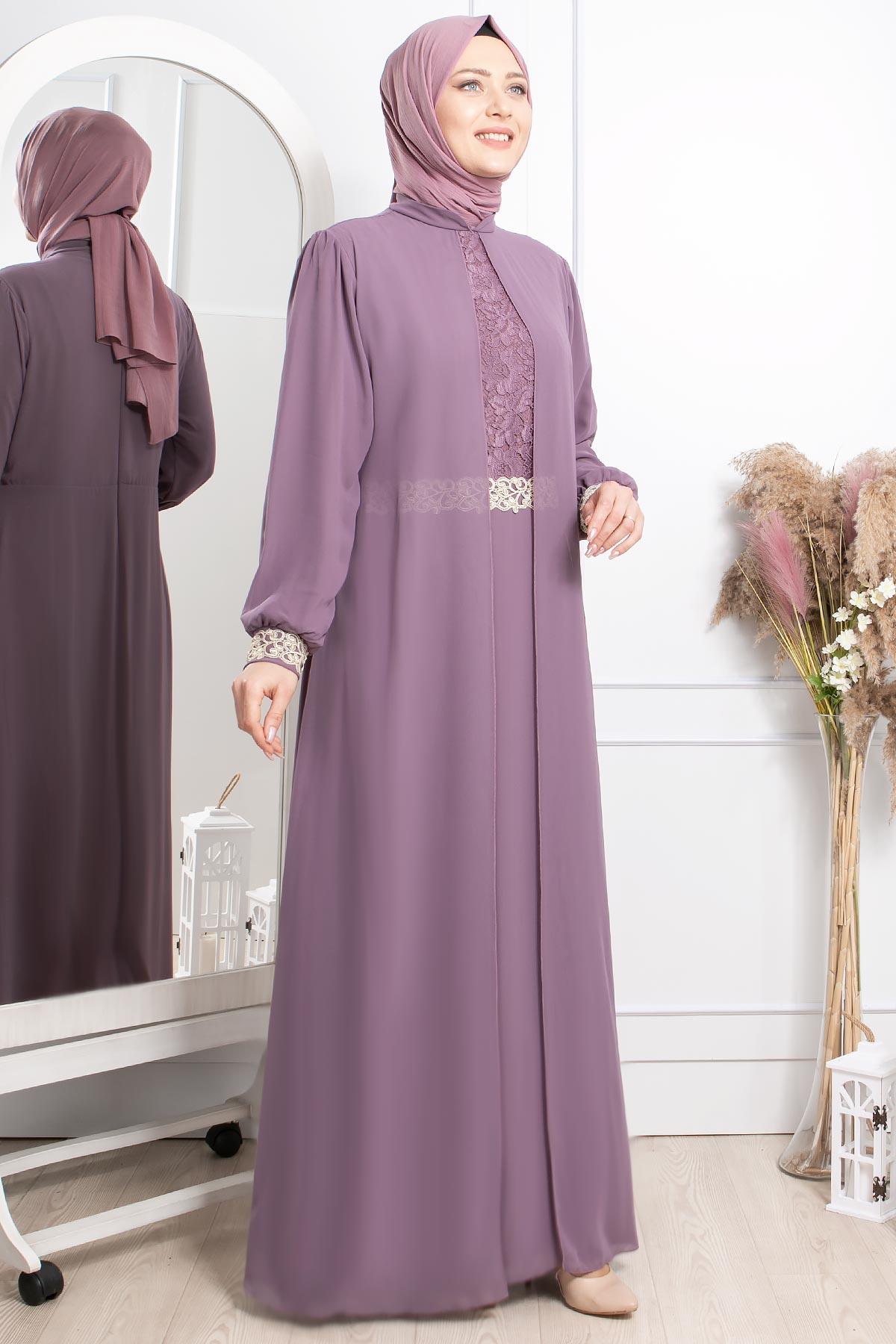 Evening Dress - Chiffon - Full Lined - High Collar - Lila - FHM411FHM411-LİLAFahima
