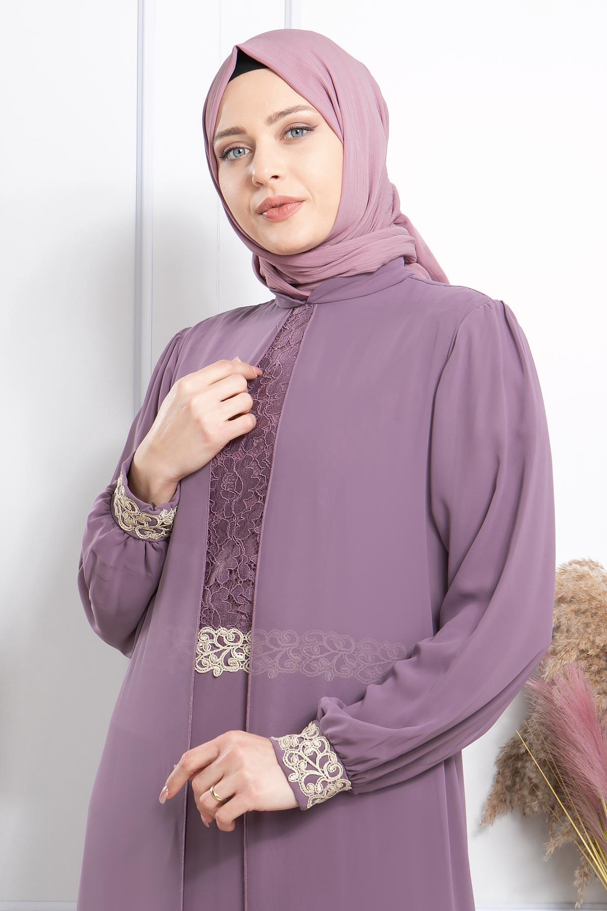 Evening Dress - Chiffon - Full Lined - High Collar - Lila - FHM411FHM411-LİLAFahima