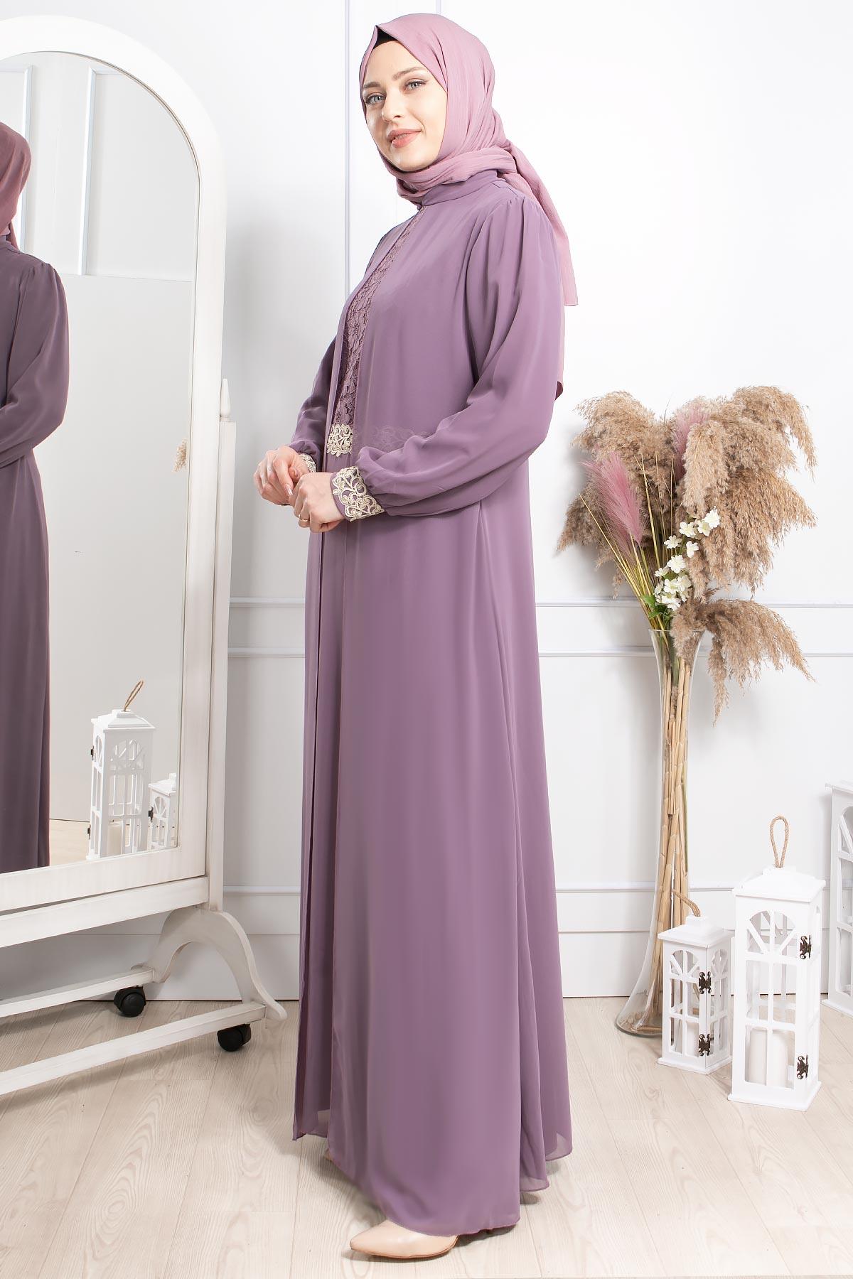 Evening Dress - Chiffon - Full Lined - High Collar - Lila - FHM411FHM411-LİLAFahima