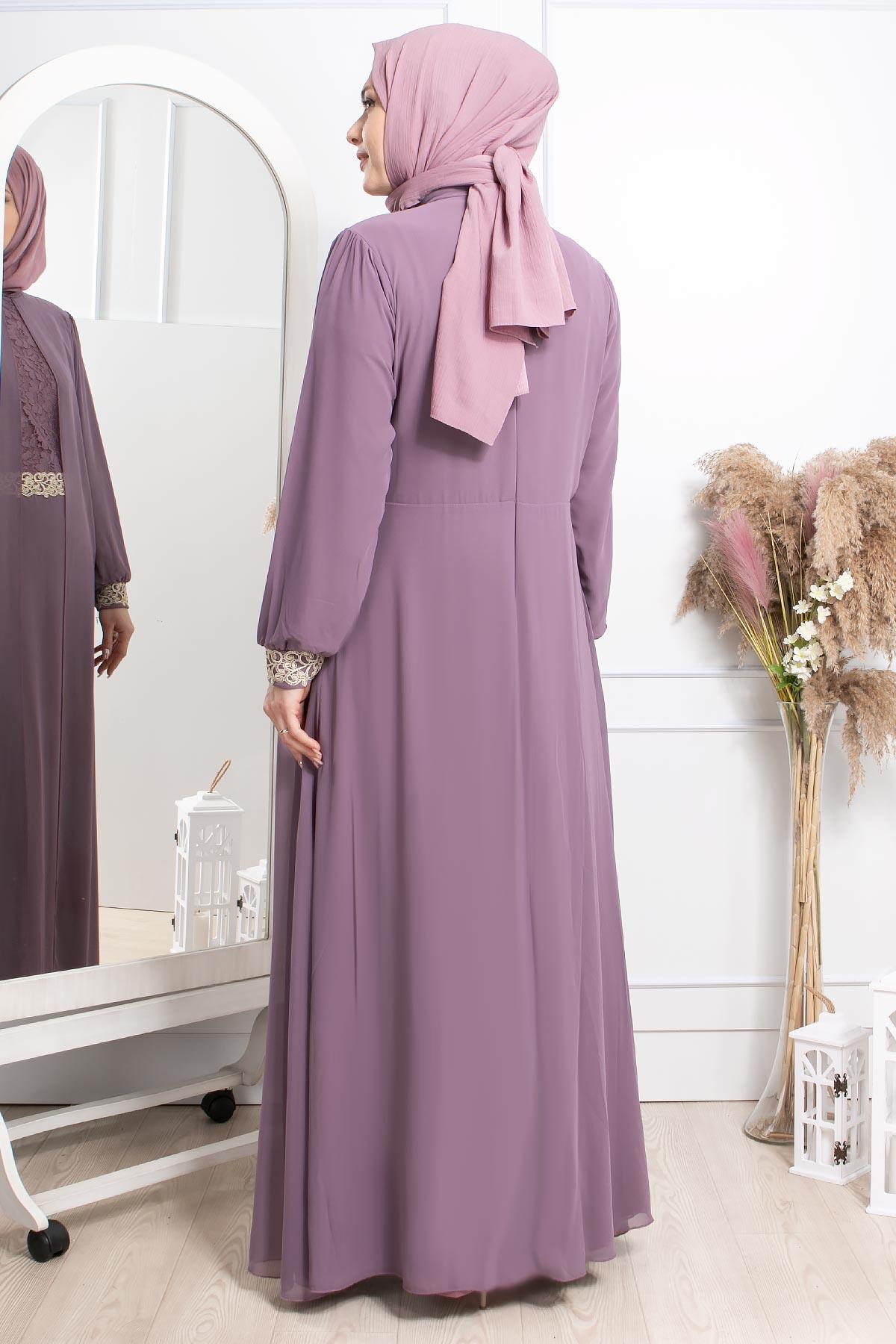 Evening Dress - Chiffon - Full Lined - High Collar - Lila - FHM411FHM411-LİLAFahima