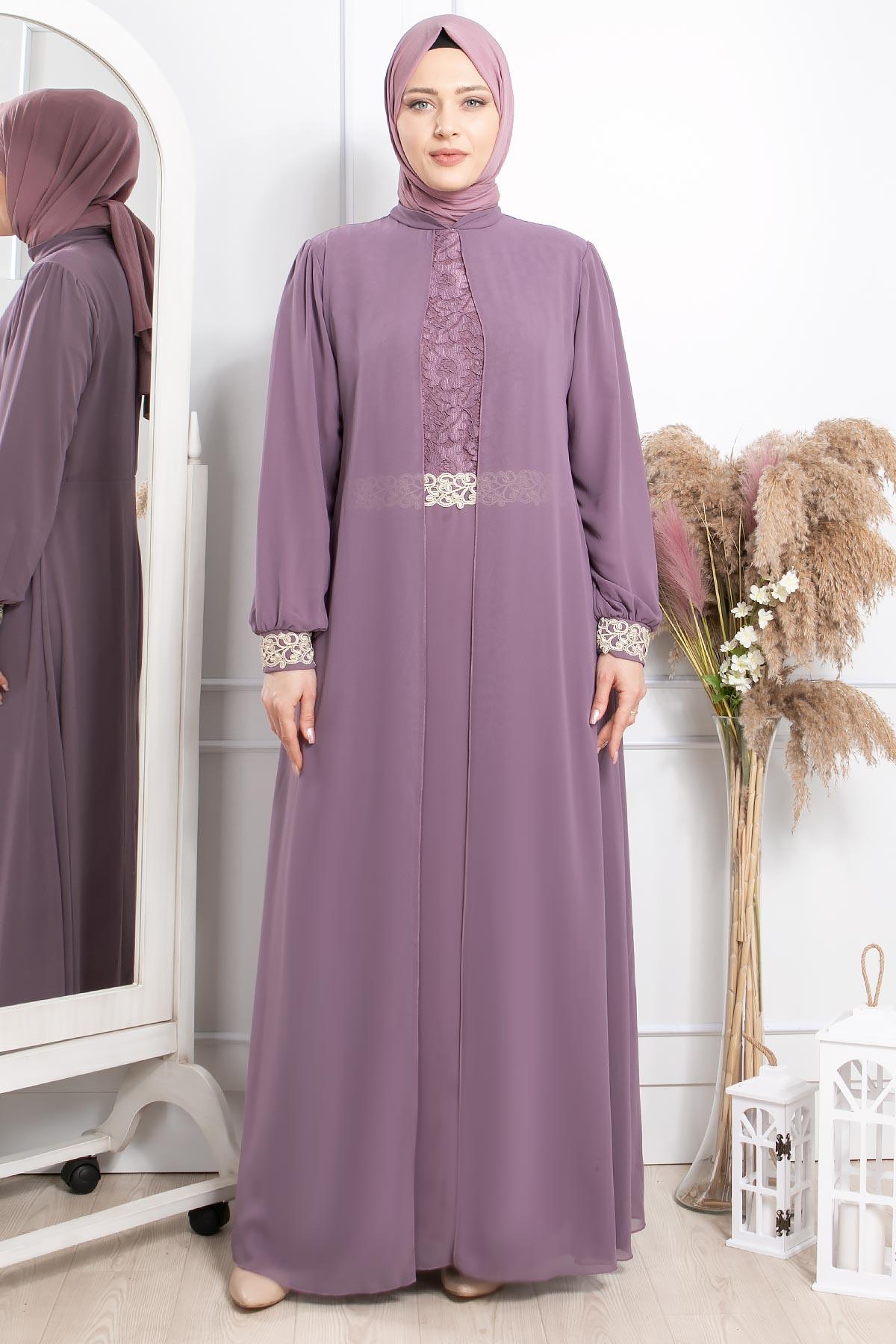 Evening Dress - Chiffon - Full Lined - High Collar - Lila - FHM411FHM411-LİLAFahima