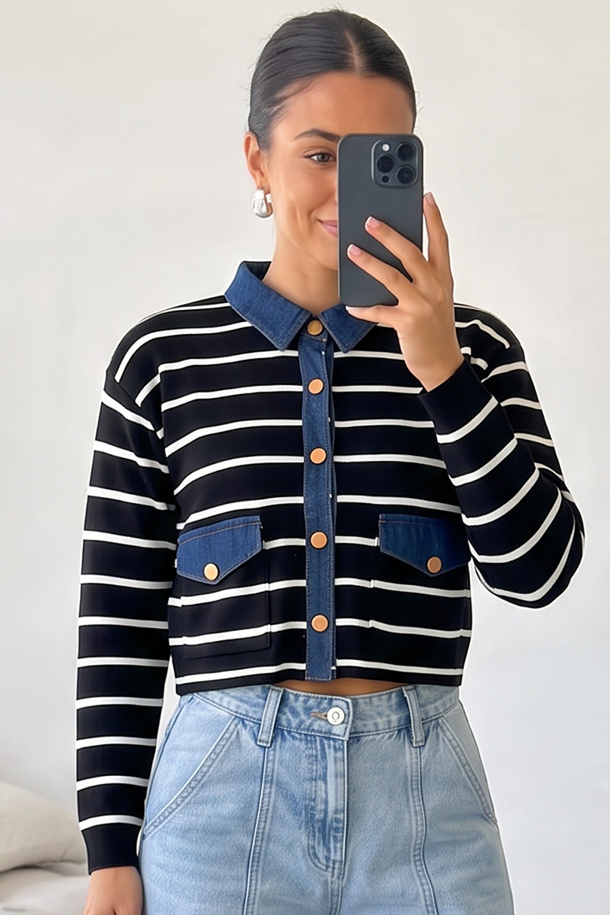 Önü Düğmeli Crop Çigili Triko Ceket Siyah FHM4288FHM4288-SİYAHFahima