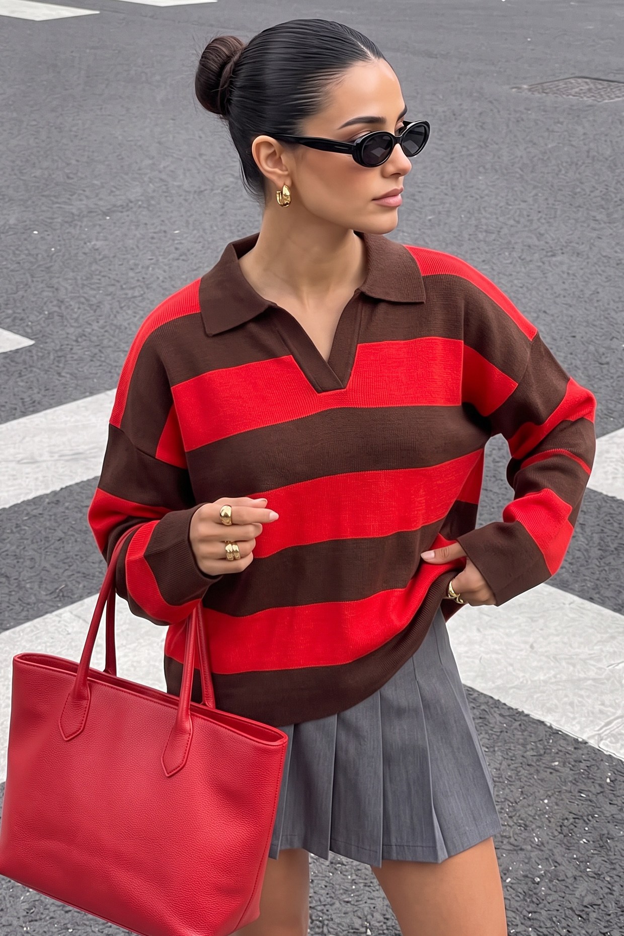 Çizgili Oversize Polo Yaka Triko Kazak Kırmızı FHM4449FHM4449-KIRMIZIFahima