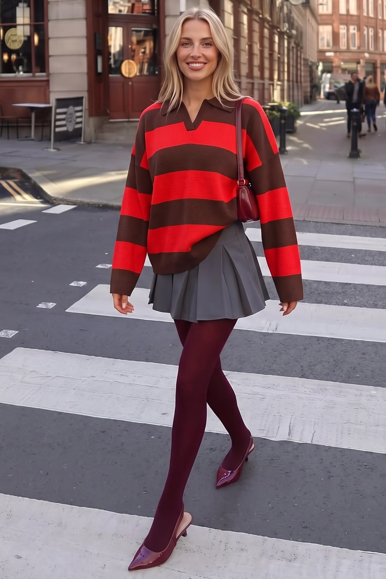 Çizgili Oversize Polo Yaka Triko Kazak Kırmızı FHM4449FHM4449-KIRMIZIFahima