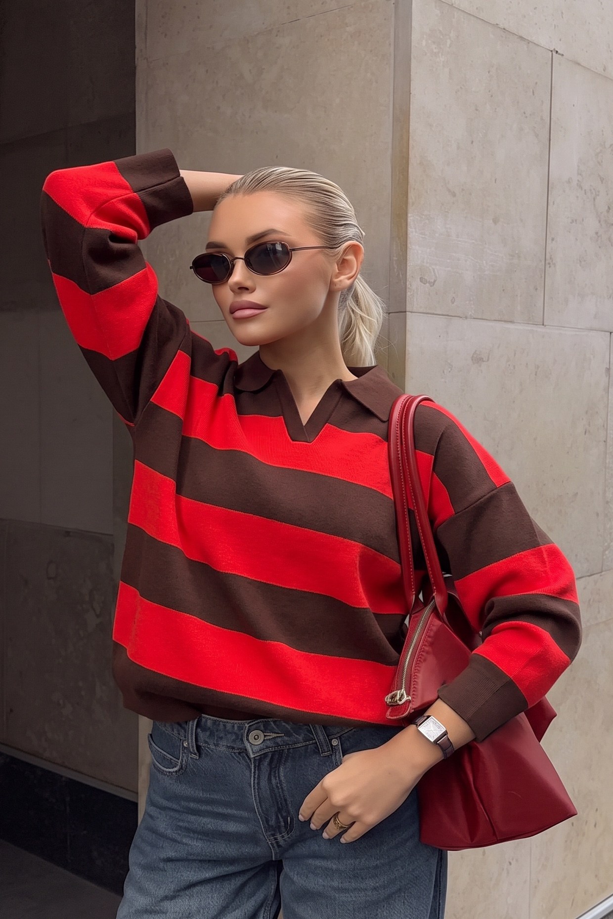 Çizgili Oversize Polo Yaka Triko Kazak Kırmızı FHM4449FHM4449-KIRMIZIFahima