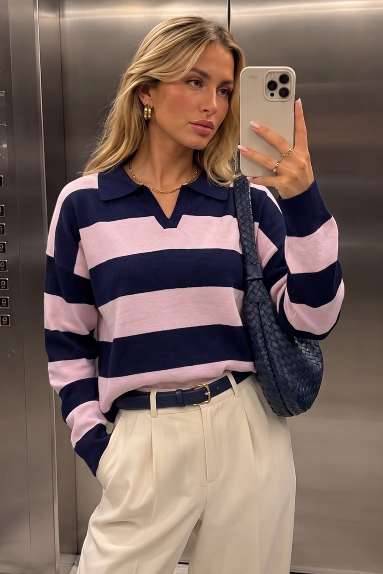 Çizgili Oversize Polo Yaka Triko Kazak Pembe FHM4449FHM4449-PEMBEFahima