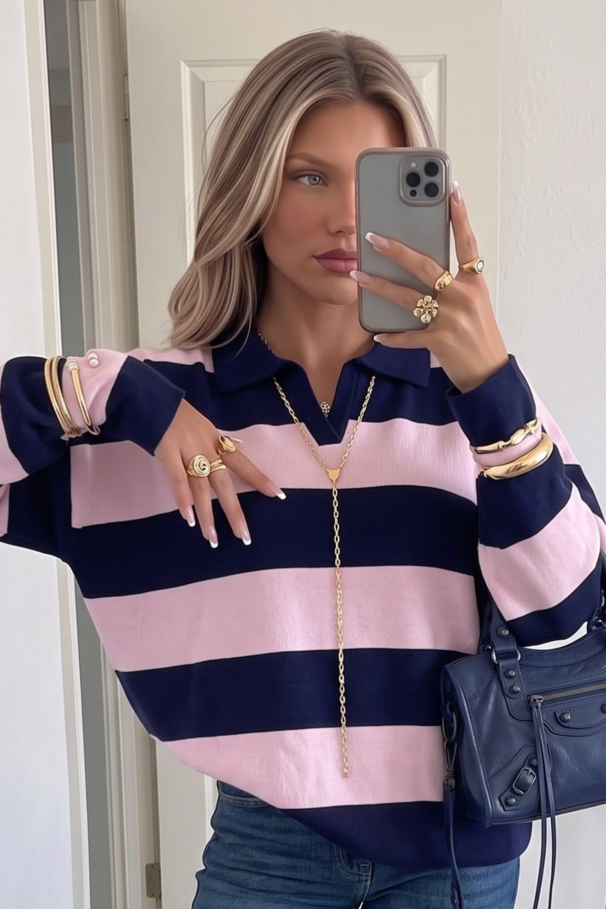 Çizgili Oversize Polo Yaka Triko Kazak Pembe FHM4449FHM4449-PEMBEFahima