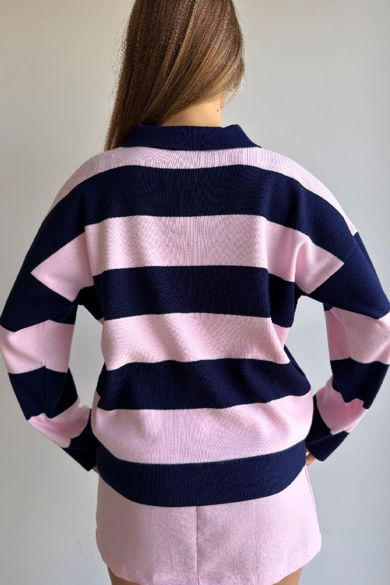 Çizgili Oversize Polo Yaka Triko Kazak Pembe FHM4449FHM4449-PEMBEFahima