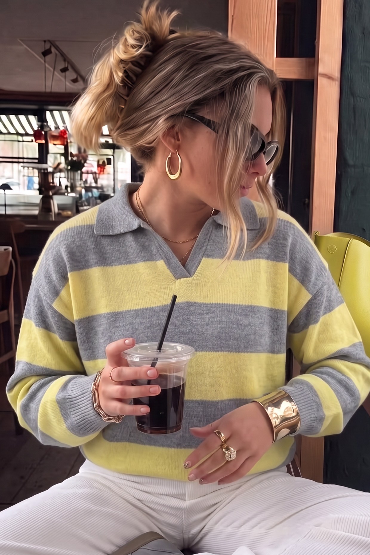 Çizgili Oversize Polo Yaka Triko Kazak Sarı FHM4449FHM4449-SARIFahima