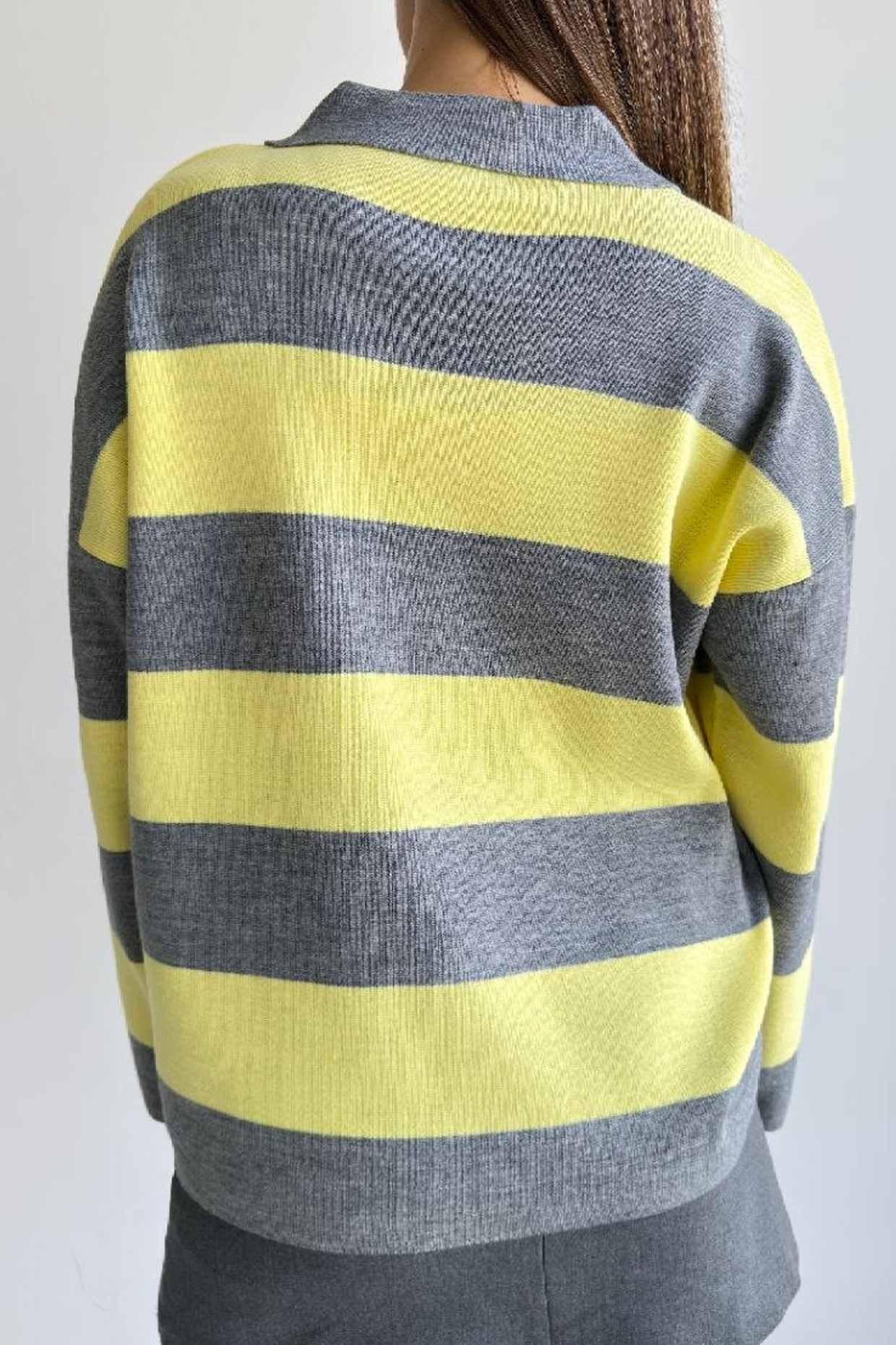 Çizgili Oversize Polo Yaka Triko Kazak Sarı FHM4449FHM4449-SARIFahima