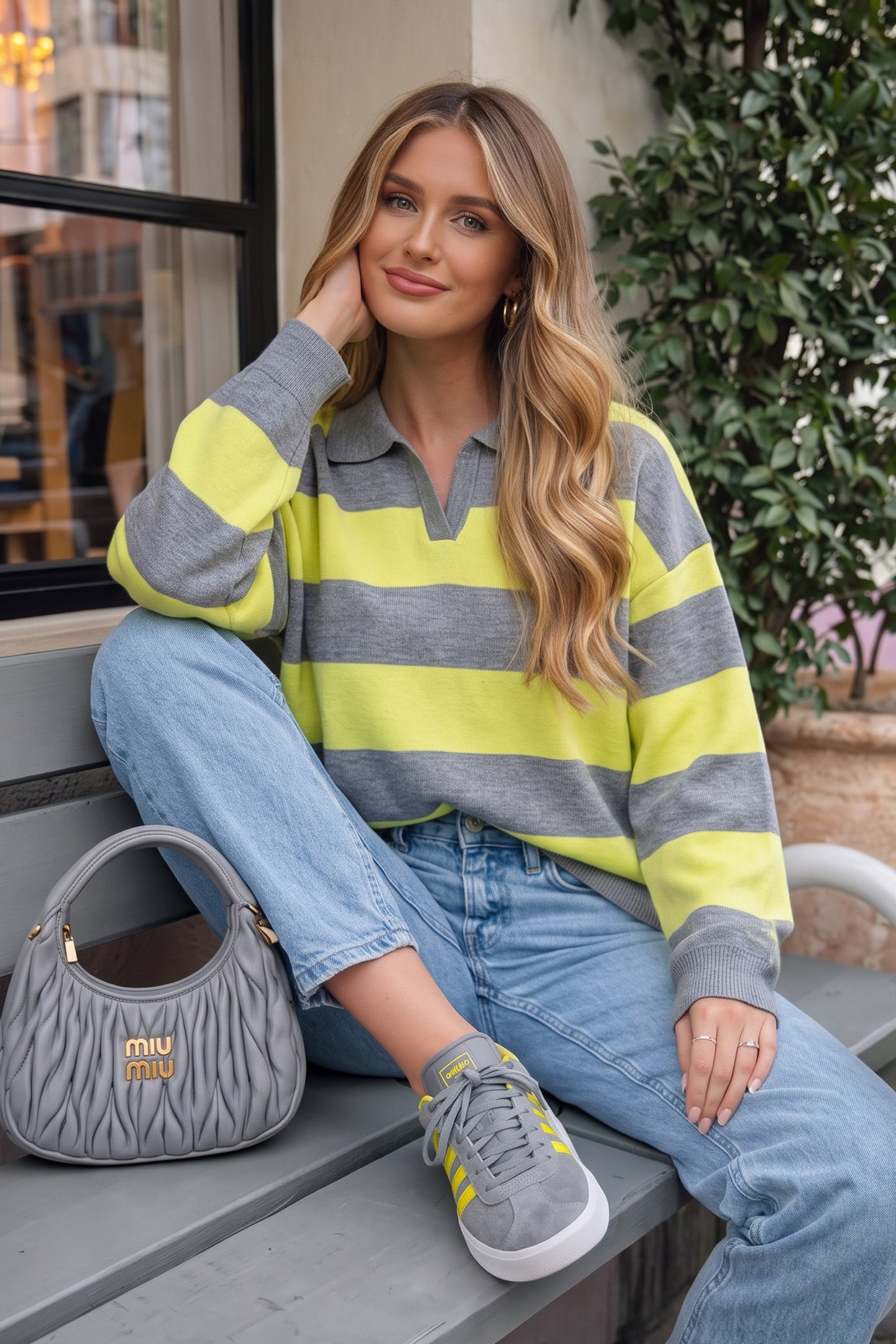 Çizgili Oversize Polo Yaka Triko Kazak Sarı FHM4449FHM4449-SARIFahima