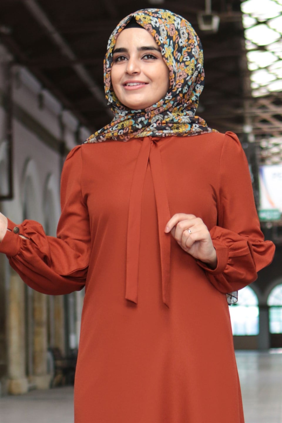 Tunic - Pants - 2 Piece Suit - Crepe - Unlined - Crew Neck - Brick - FHM492