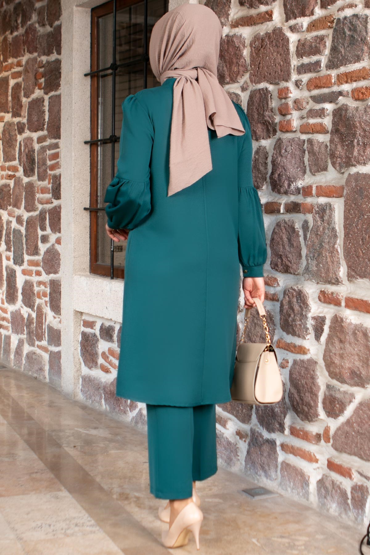 Tunic - Pants - 2 Piece Suit - Crepe - Unlined - Crew Neck - Petrol - FHM492FHM492-PETROLFahima
