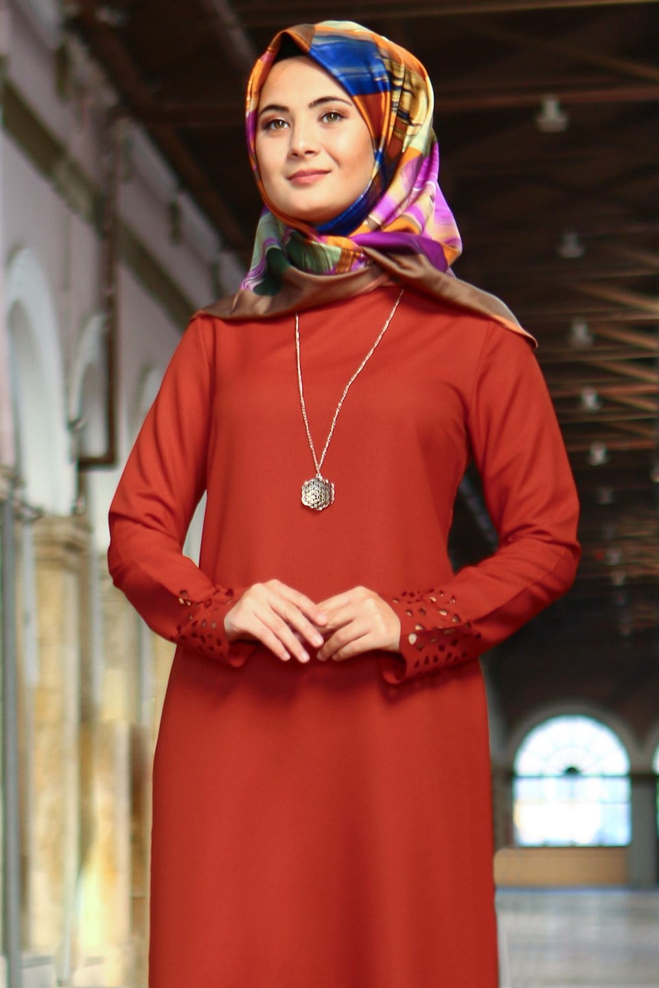 Tunic - Pants - 2 Piece Suit - Crepe - Unlined - High Collar - Brick - FHM520