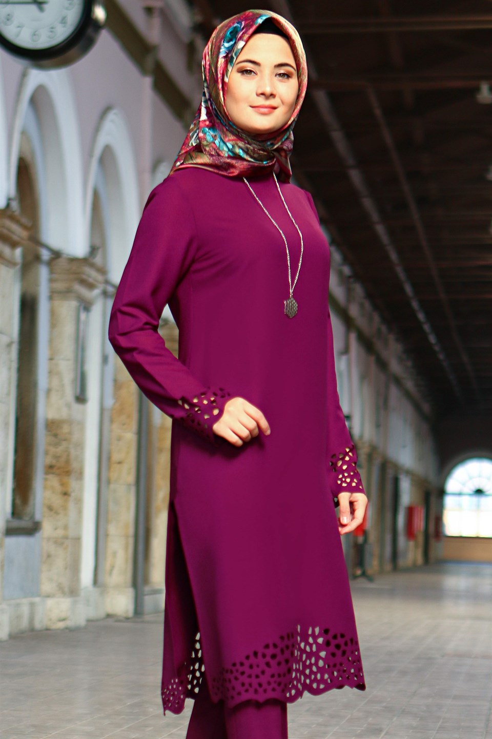 Tunic - Pants - 2 Piece Suit - Crepe - Unlined - High Collar - Plum - FHM520