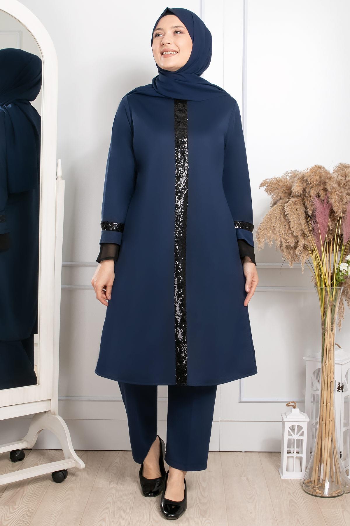 Tunique - Pantalon - Lycra - Sans Doublure - Ras du Cou - Bleu indigo - FHM529FHM529-İNDİGOFahima