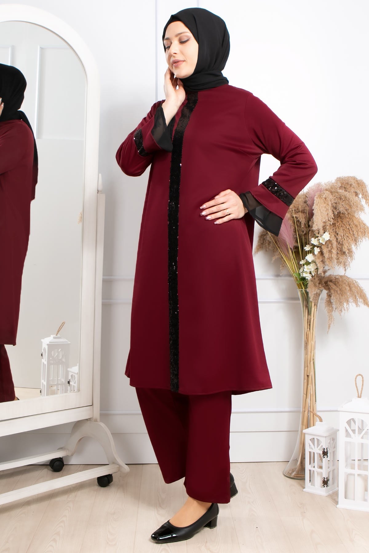 Tunic - Pants - Poly Cotton - Unlined - Crew Neck - Plum - FHM529FHM529-MÜRDÜMFahima