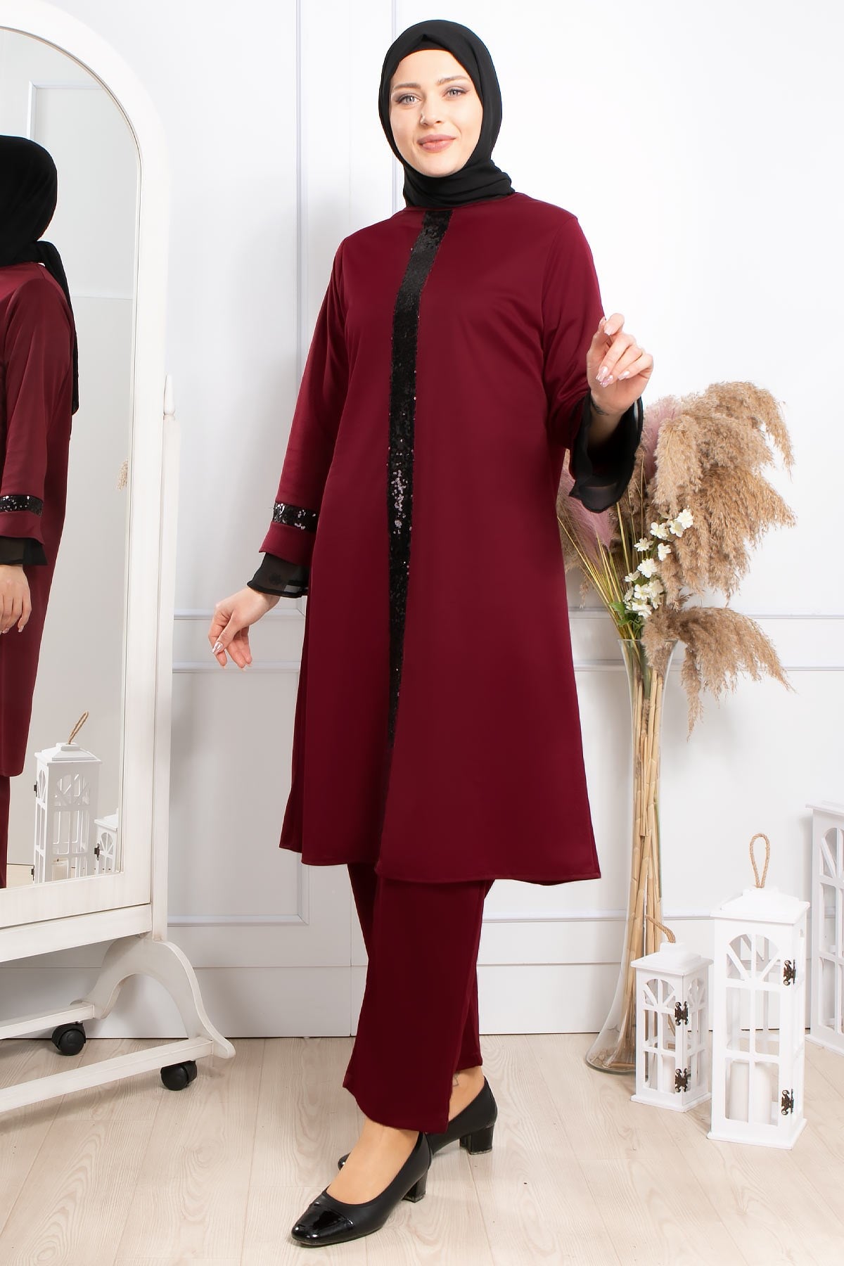 Tunic - Pants - Poly Cotton - Unlined - Crew Neck - Plum - FHM529FHM529-MÜRDÜMFahima