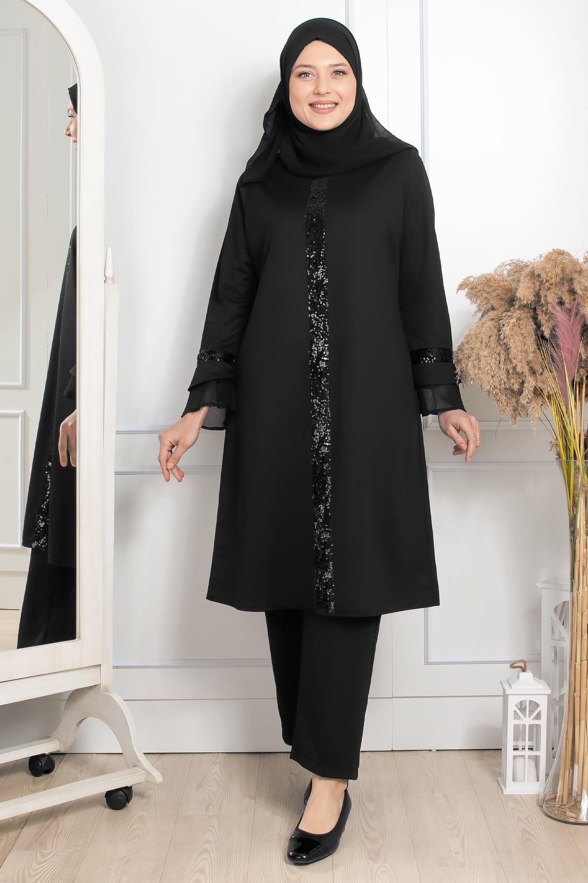 Tunique - Pantalon - Lycra - Sans Doublure - Ras du Cou - Noir - FHM529FHM529-SİYAHFahima
