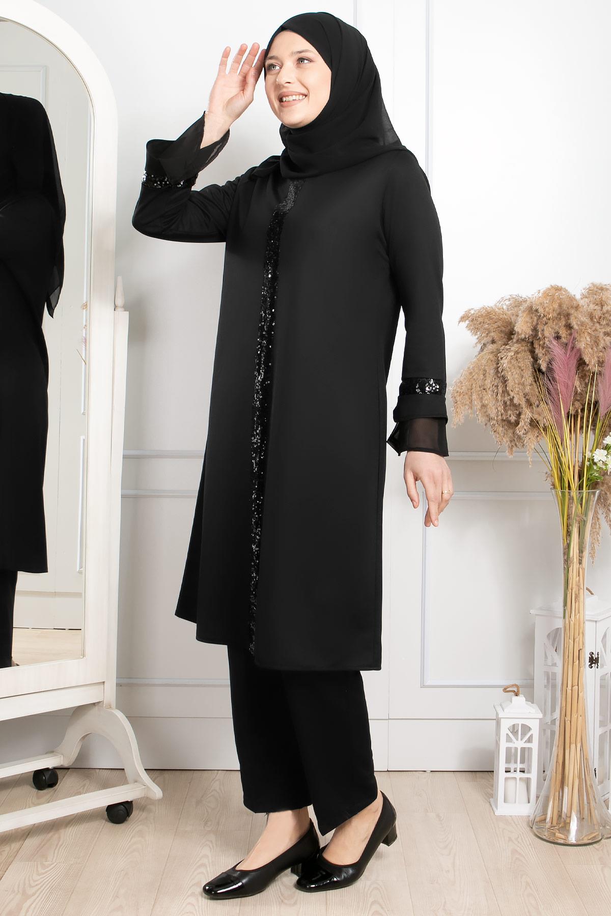 Tunique - Pantalon - Lycra - Sans Doublure - Ras du Cou - Noir - FHM529FHM529-SİYAHFahima