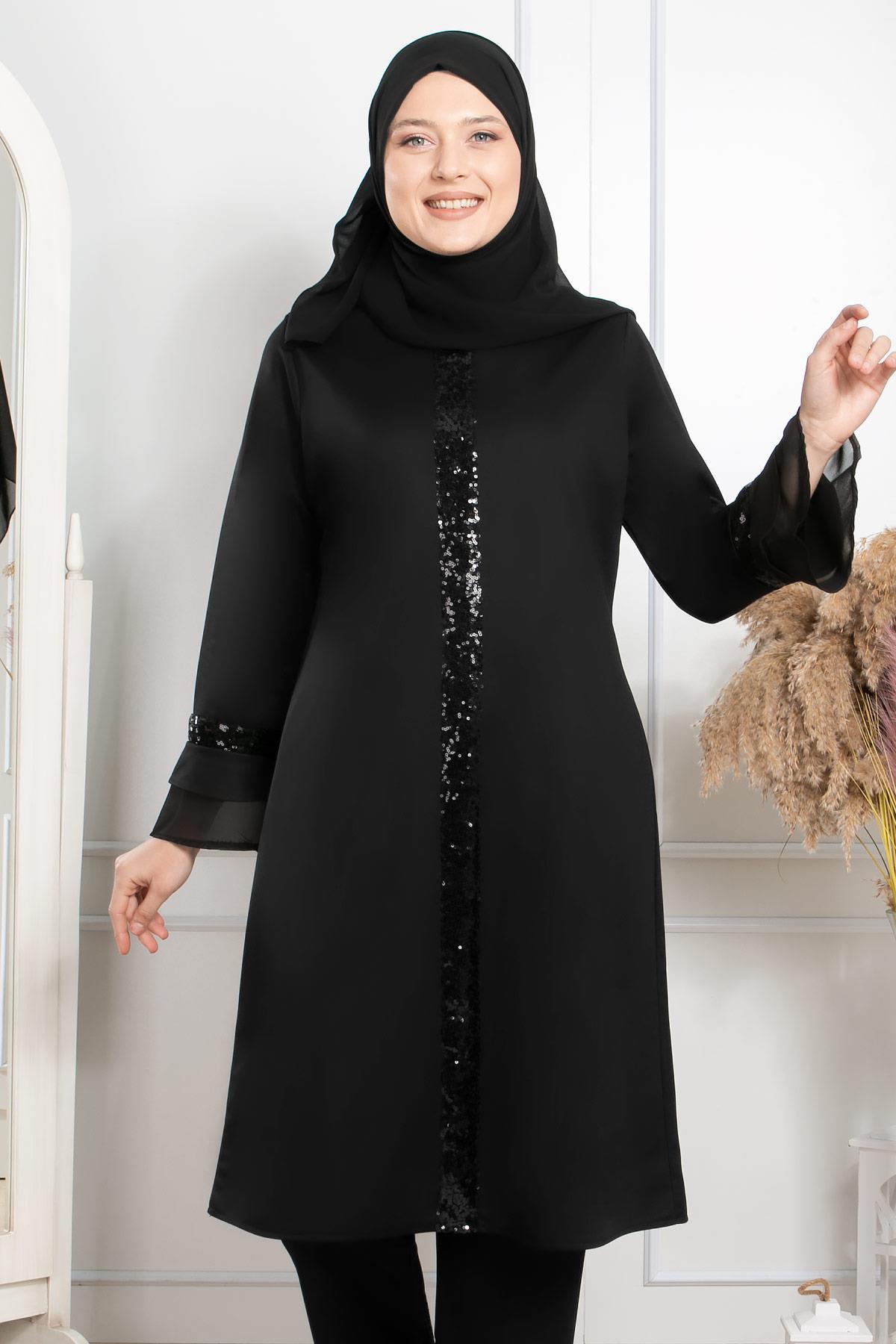 Tunique - Pantalon - Lycra - Sans Doublure - Ras du Cou - Noir - FHM529FHM529-SİYAHFahima