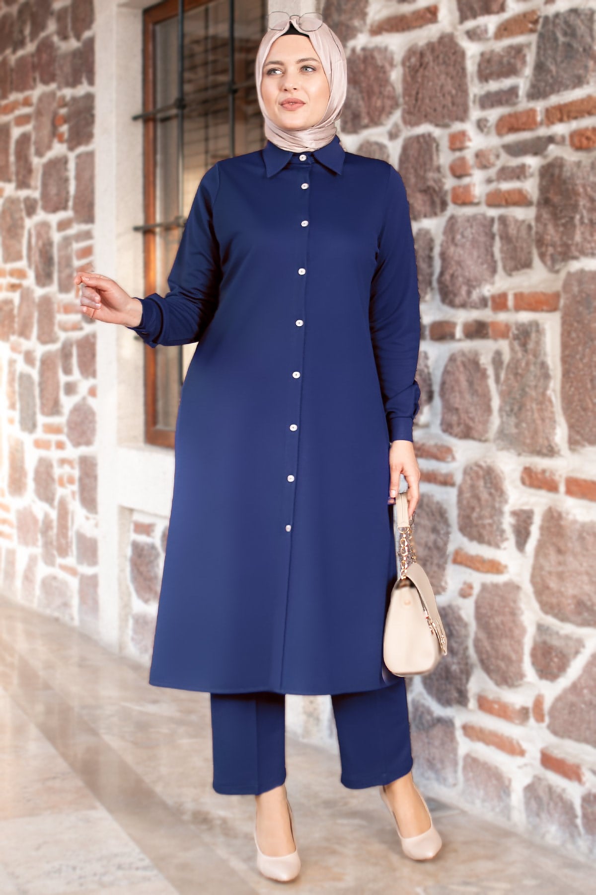 Tunique - Pantalon - Ensemble 2'er Set - Crêpe - Sans Doublure - Ras du Cou - Bleu indigo - FHM592FHM592-İNDİGOFahima