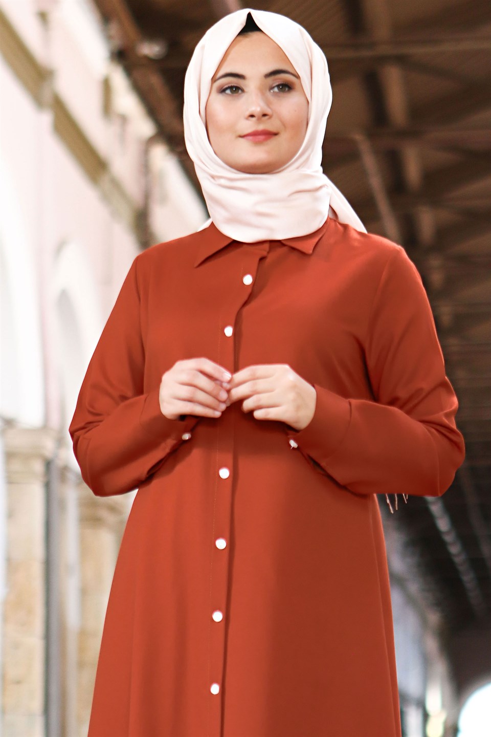 Tunic - Pants - 2 Piece Suit - Crepe - Unlined - Crew Neck - Brick - FHM592