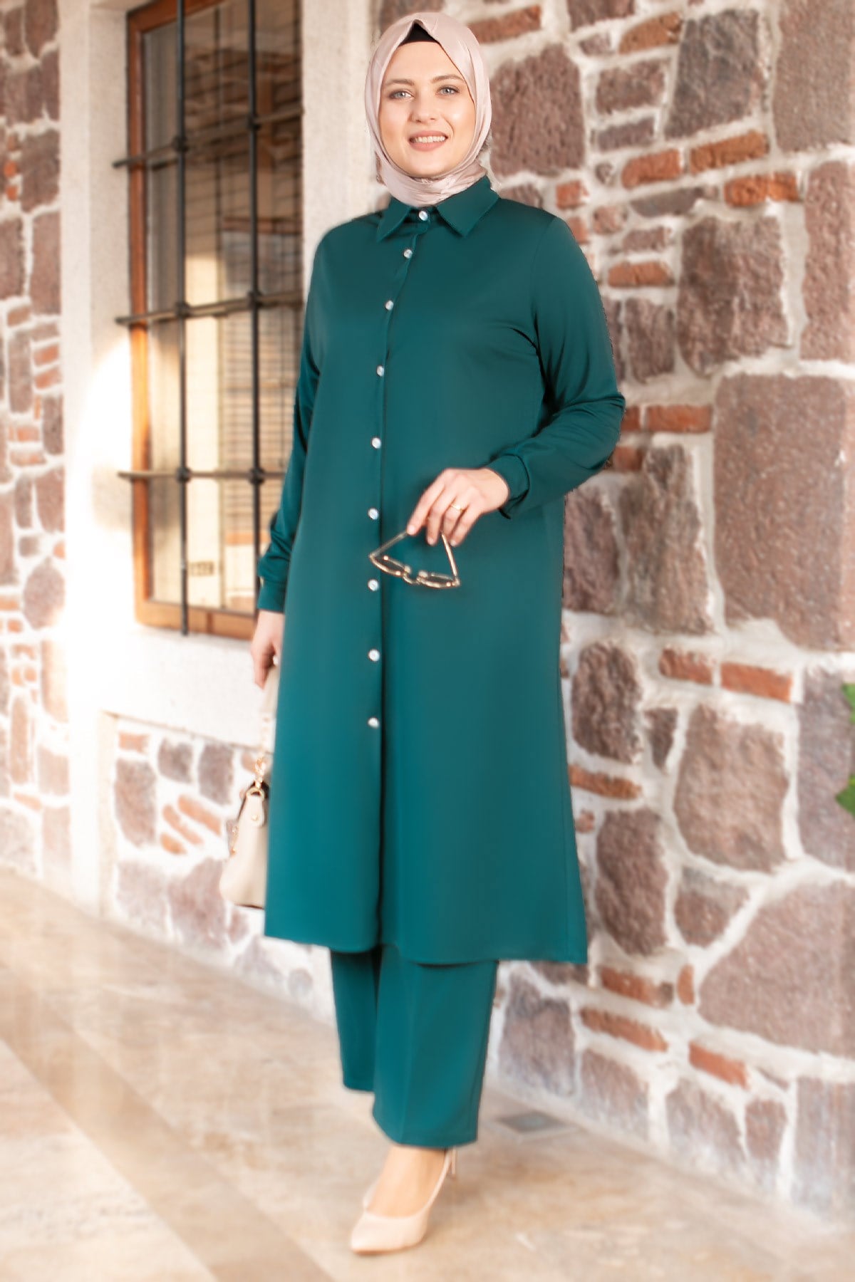 Tunic - Pants - 2 Piece Suit - Crepe - Unlined - Crew Neck - Petrol - FHM592FHM592-PETROLFahima