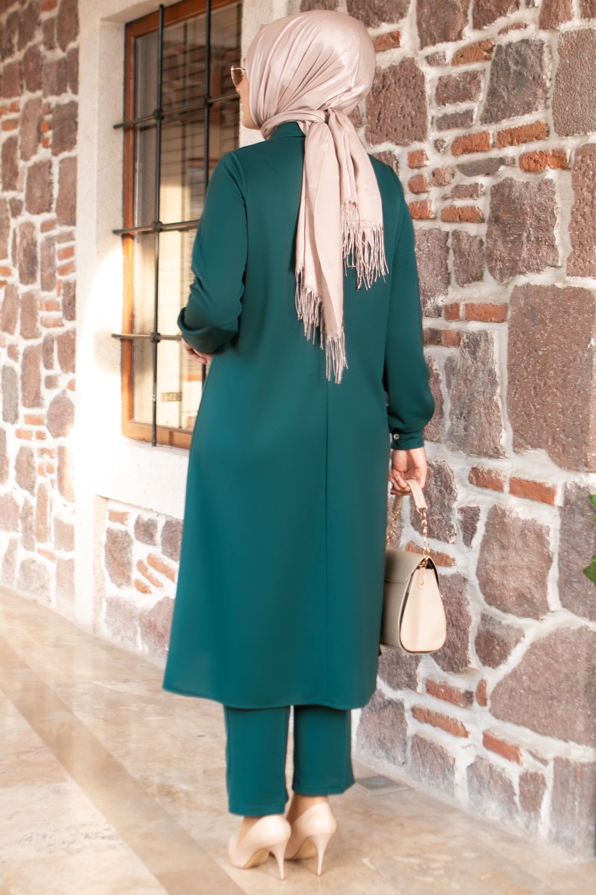 Tunic - Pants - 2 Piece Suit - Crepe - Unlined - Crew Neck - Petrol - FHM592FHM592-PETROLFahima