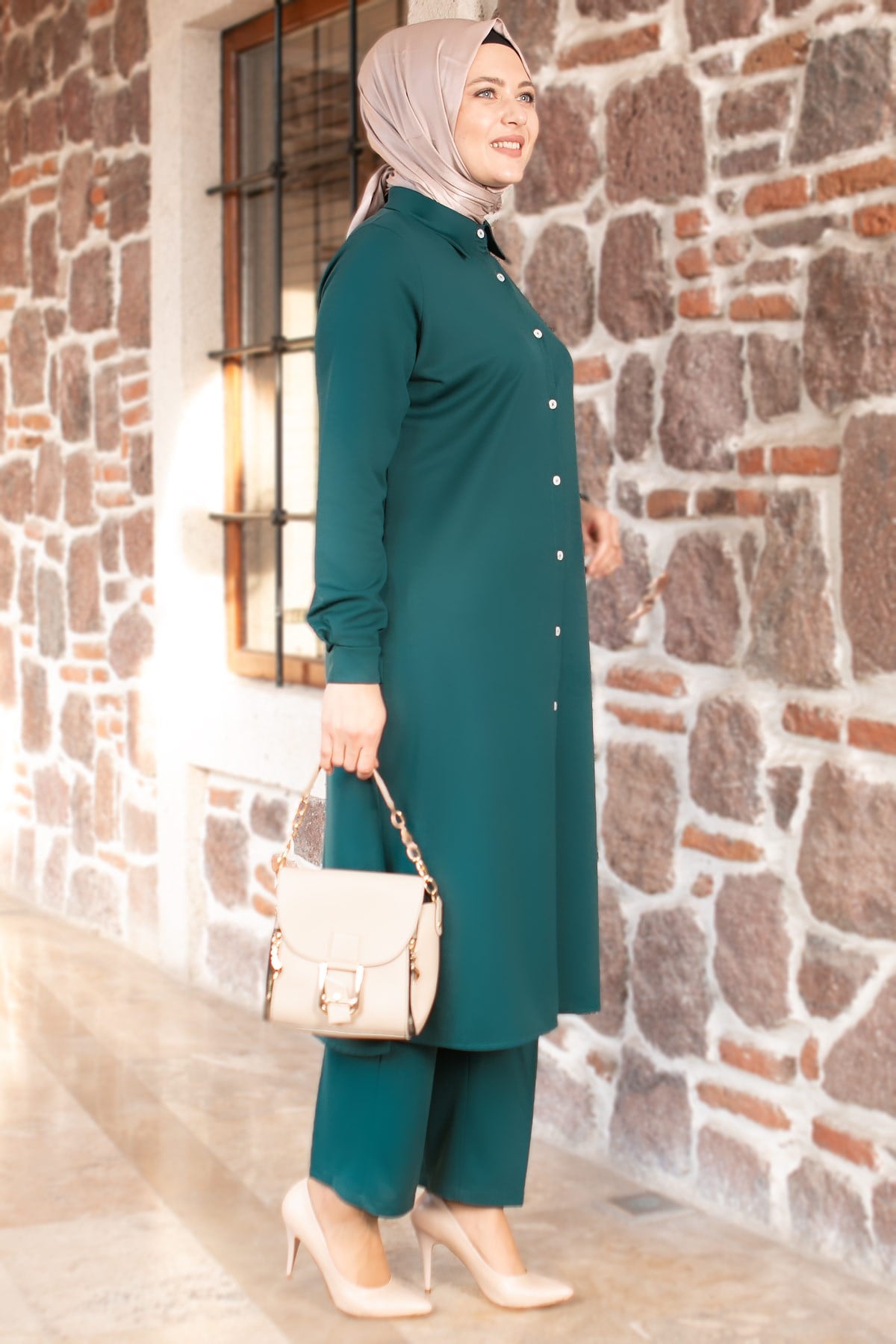 Tunic - Pants - 2 Piece Suit - Crepe - Unlined - Crew Neck - Petrol - FHM592FHM592-PETROLFahima