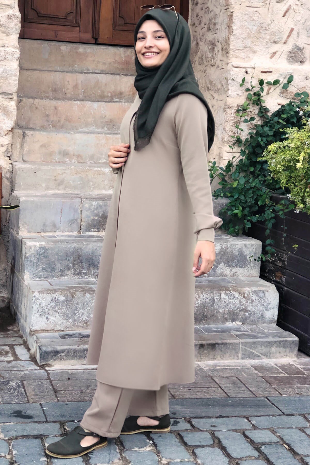 Tunique - Pantalon - Ensemble 2'er Set - Crêpe - Sans Doublure - Ras du Cou - Vison - FHM592