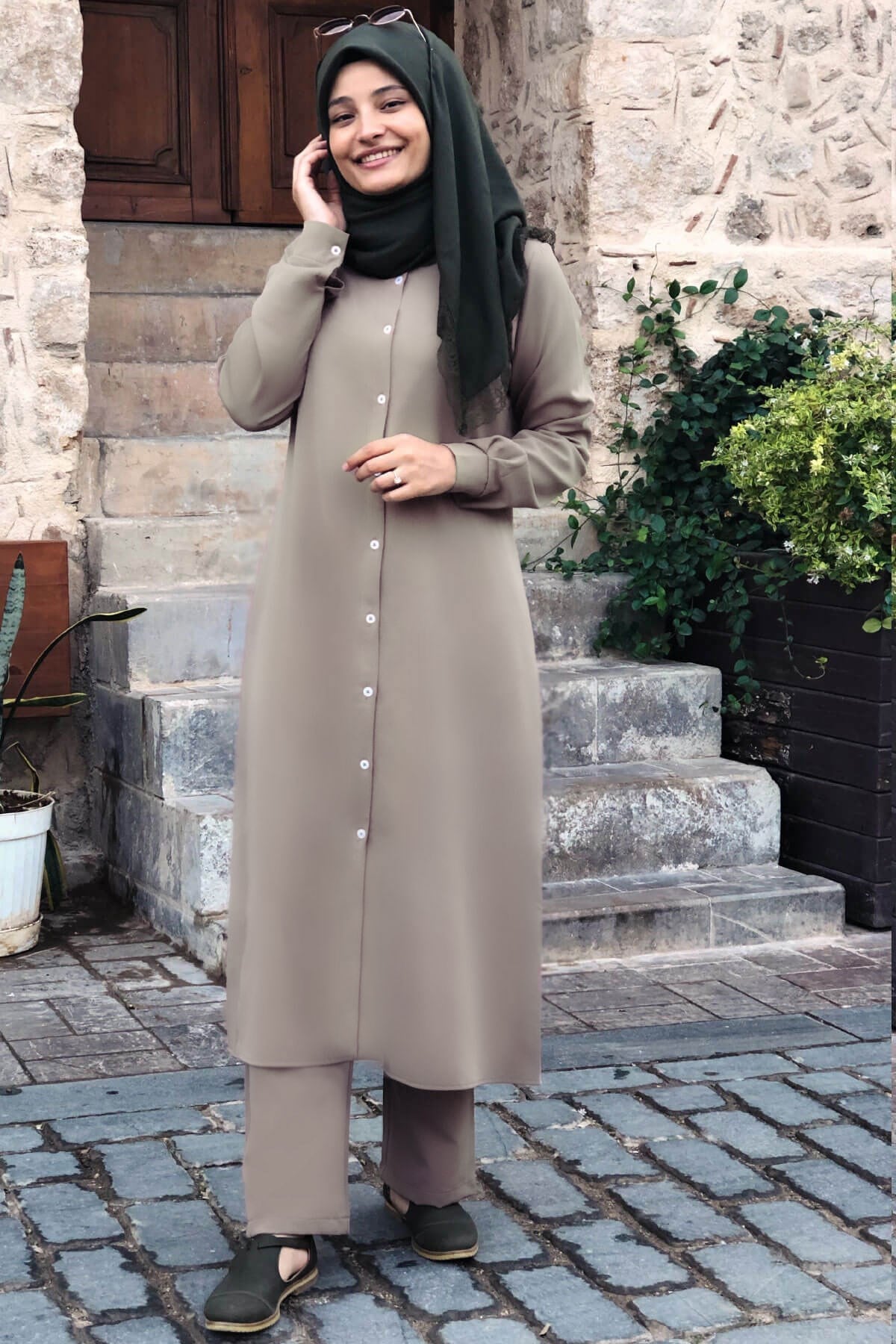 Tunique - Pantalon - Ensemble 2'er Set - Crêpe - Sans Doublure - Ras du Cou - Vison - FHM592