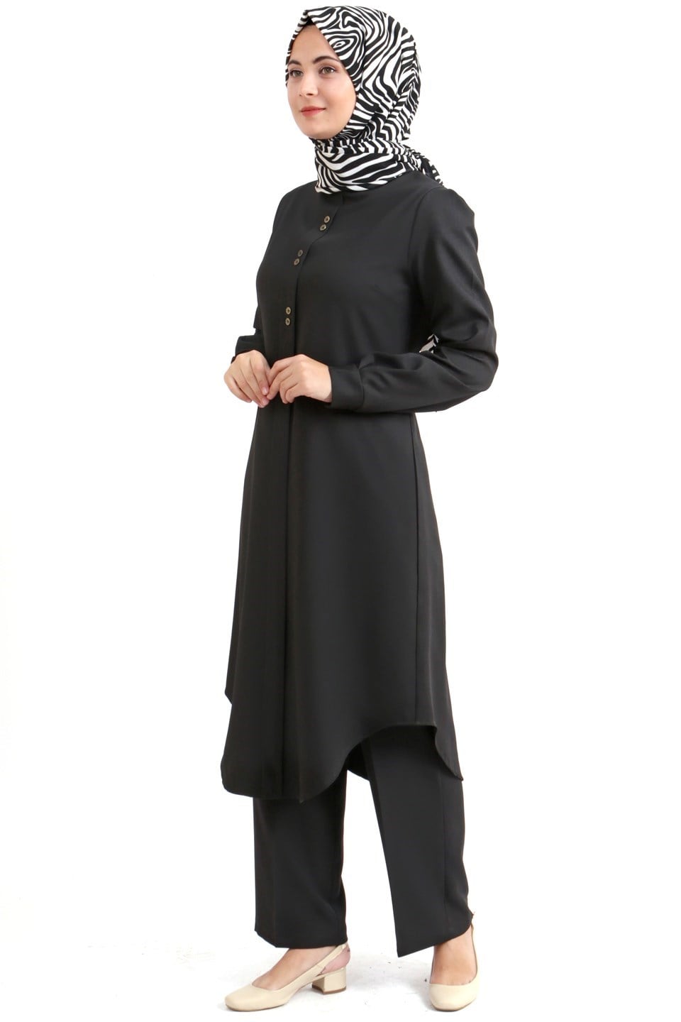 Tunic - Pants - 2 Piece Suit - Crepe - Unlined - Crew Neck - Black - FHM610