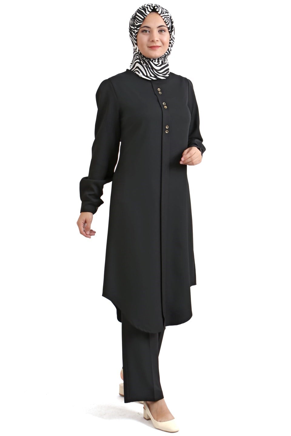 Tunic - Pants - 2 Piece Suit - Crepe - Unlined - Crew Neck - Black - FHM610
