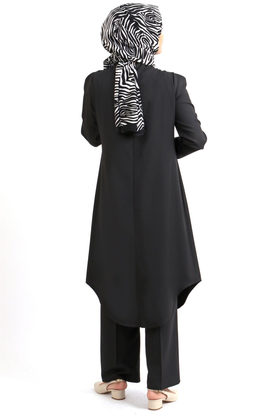 Tunic - Pants - 2 Piece Suit - Crepe - Unlined - Crew Neck - Black - FHM610