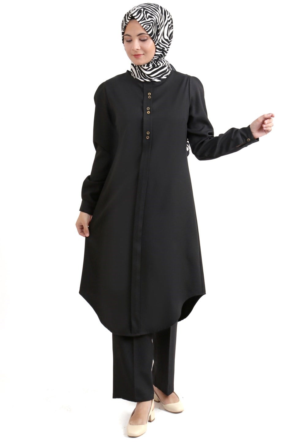 Tunic - Pants - 2 Piece Suit - Crepe - Unlined - Crew Neck - Black - FHM610