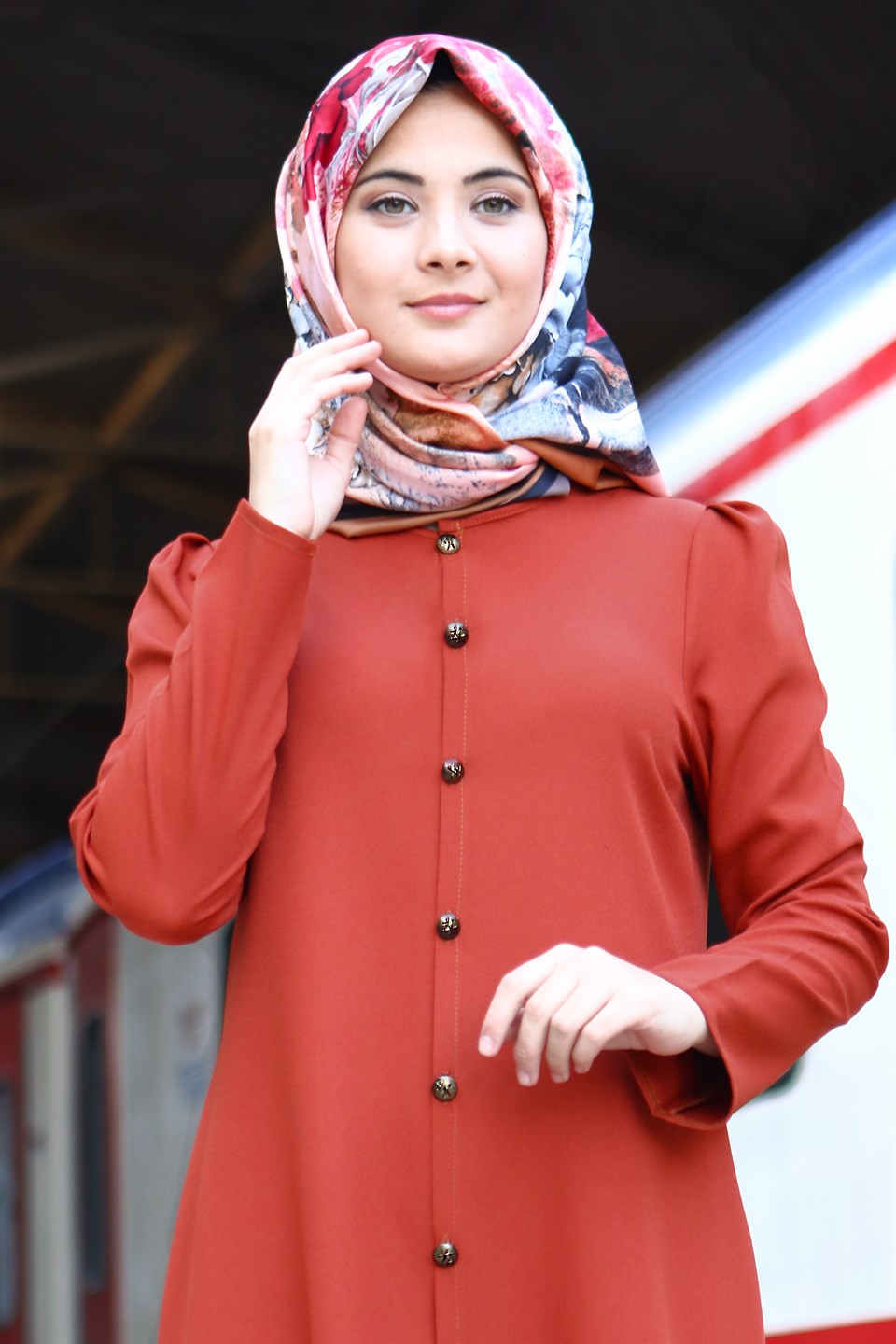 Tunic - Pants - 2 Piece Suit - Crepe - Unlined - High Collar - Brick - FHM620