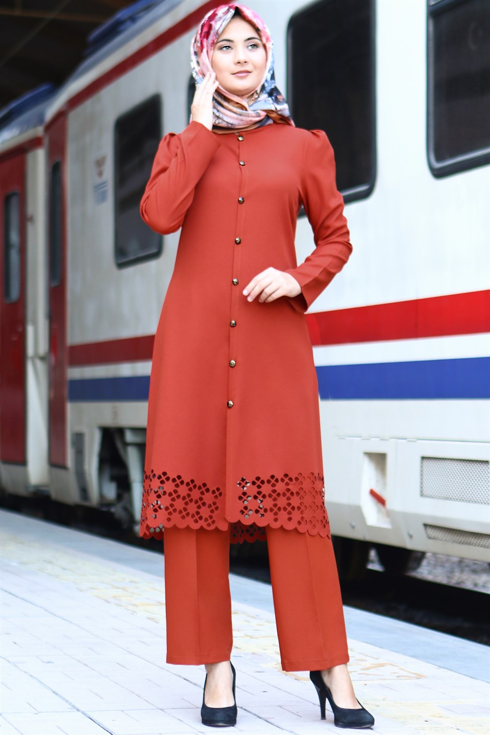 Tunic - Pants - 2 Piece Suit - Crepe - Unlined - High Collar - Brick - FHM620