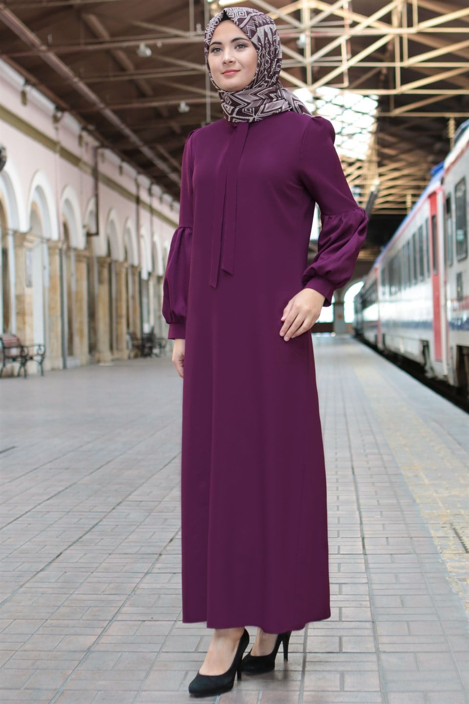 Robe - Crêpe - Sans Doublure - Ras du Cou - Prune - FHM622
